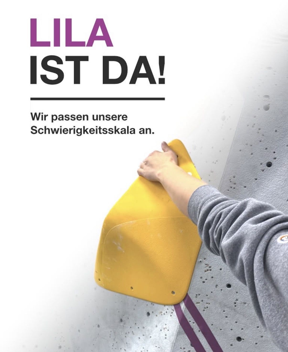 Gelber Bouldergriff mit Lila Tape und dem Text "Lila ist da"